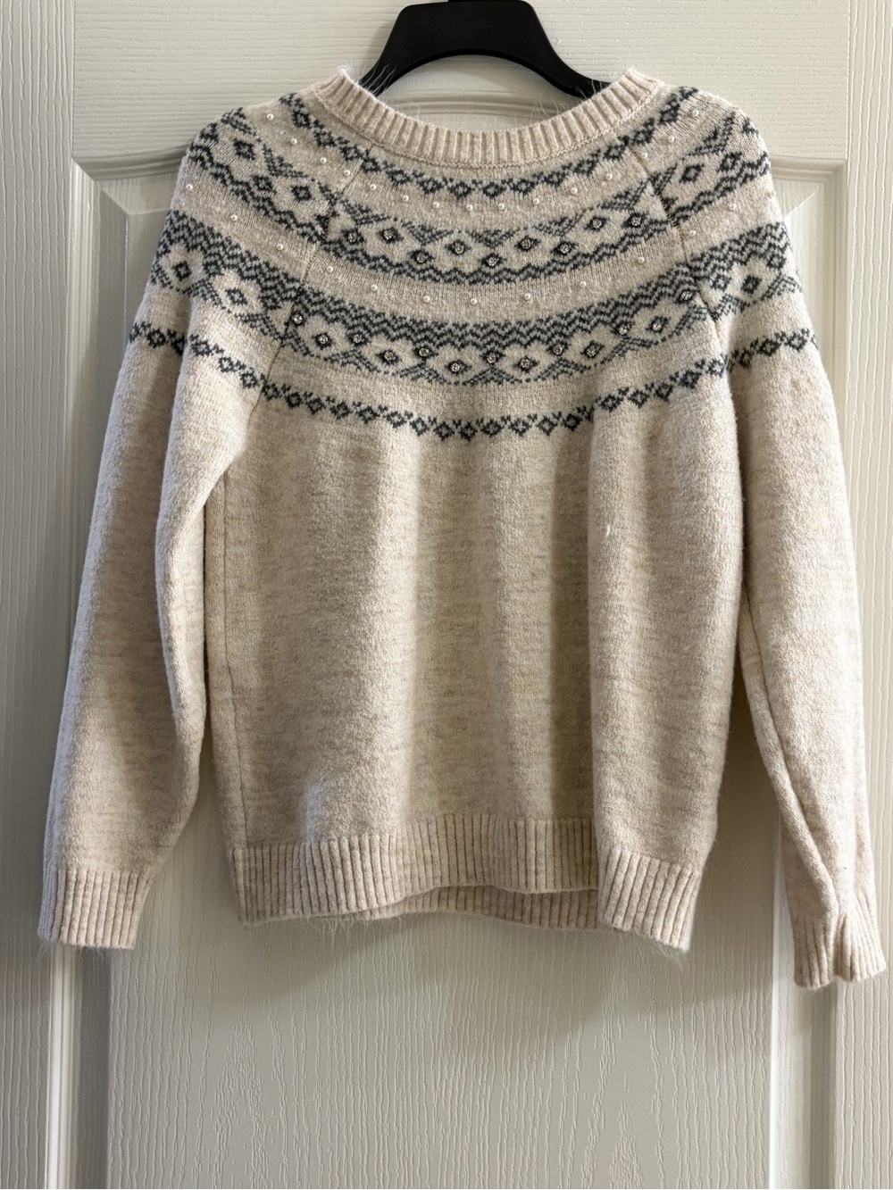 Cream Fair Isle Sweater L Pearl Rhinestone Nordic Winter Holiday Pullover